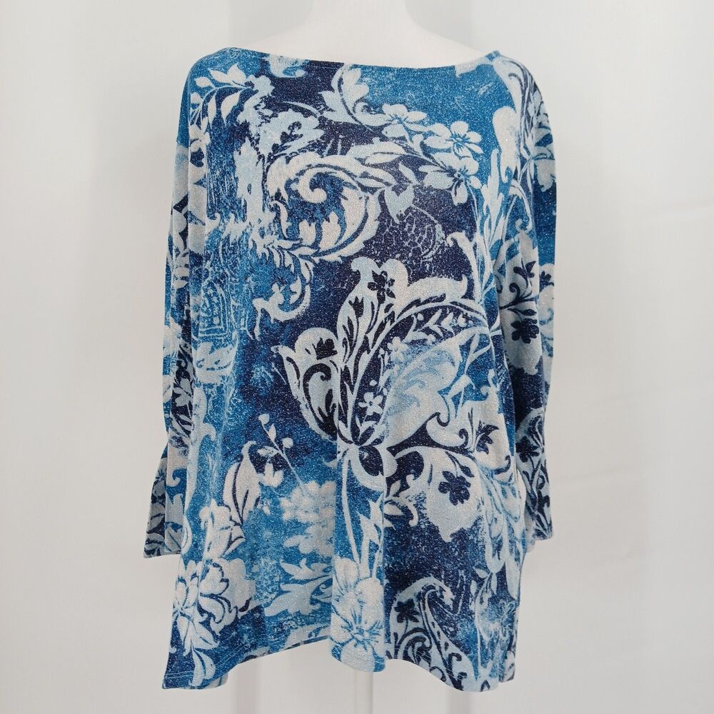 Chico's Blue purple Paisley Floral 3/4 Sleeve Tunic Blouse Top Size 1XL 16/18